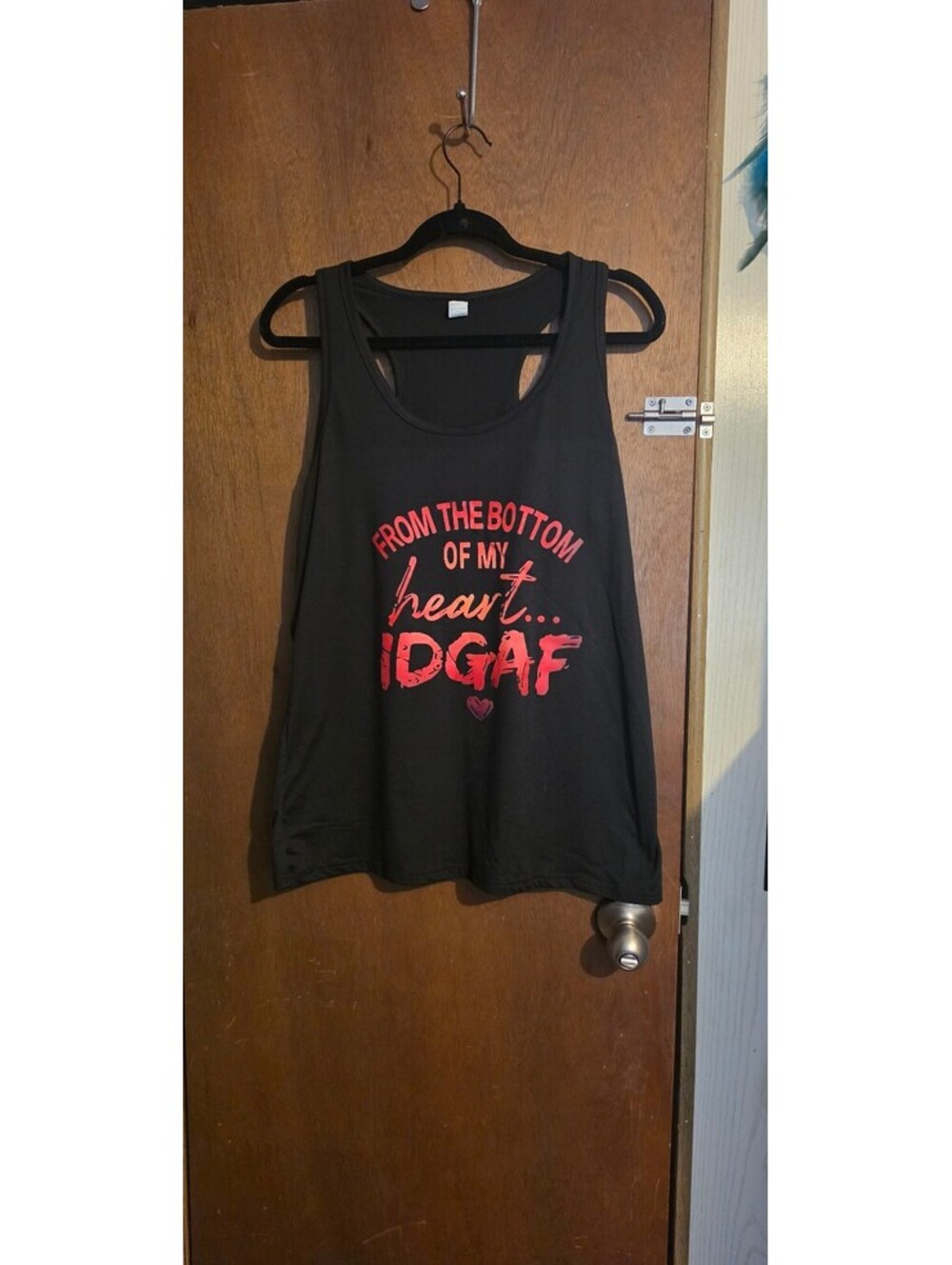 Black Racerback Tank Top with Red 'From the Bottom of My Heart IDGAF' Print, XL